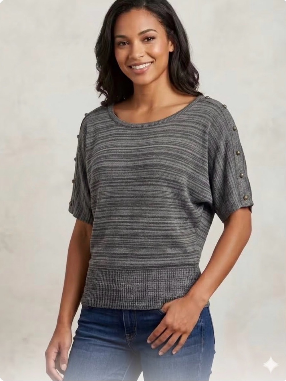 Maurices Heathered Gray stripe Short-Sleeve Sweater with metal Button Trim arms